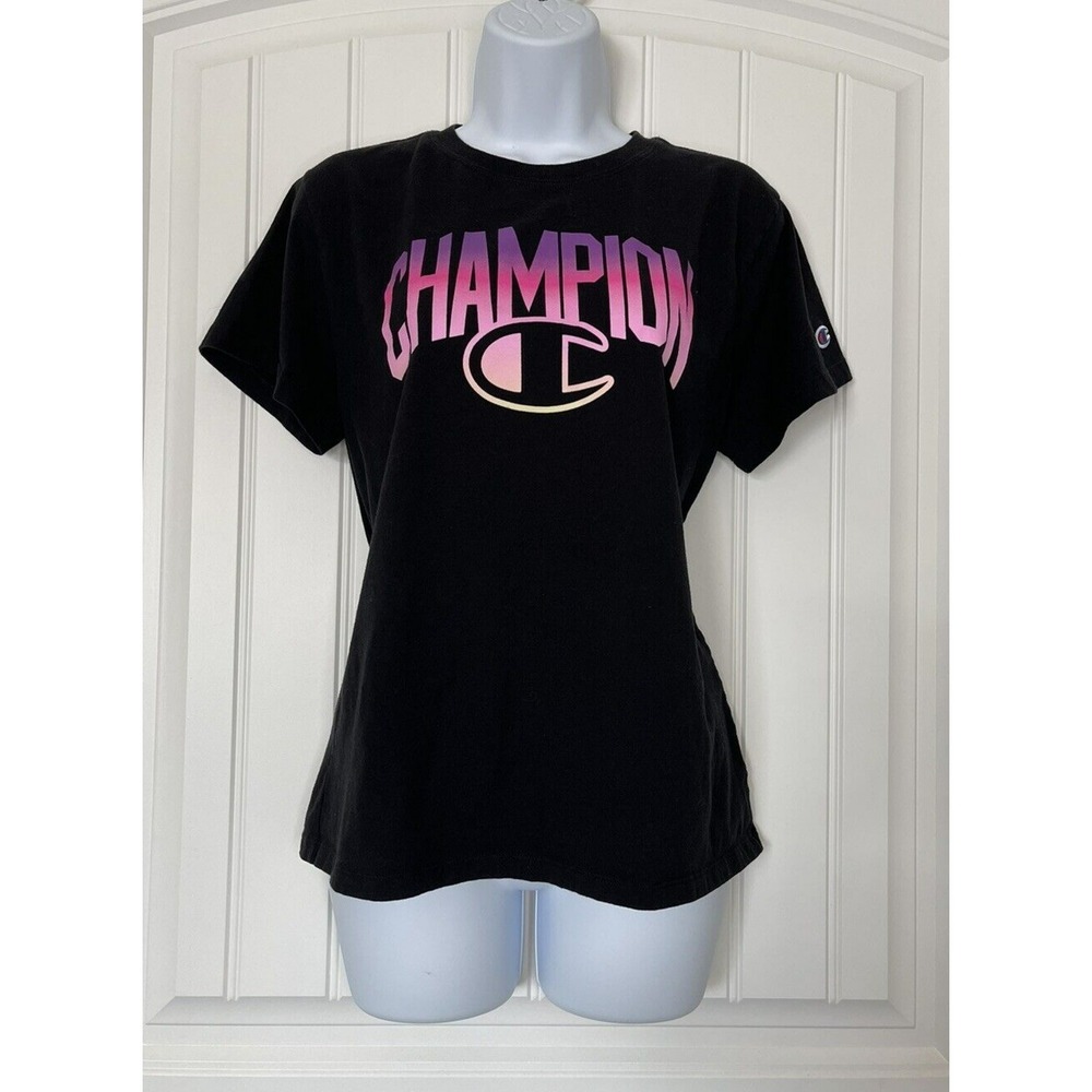 Champion Authentic Womens Size Large Black Short Sleeve Crew Neck T-Shirt